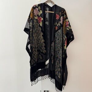 Pull&Bear Black Sheer Kimono with Floral & Peacock Embroidery
